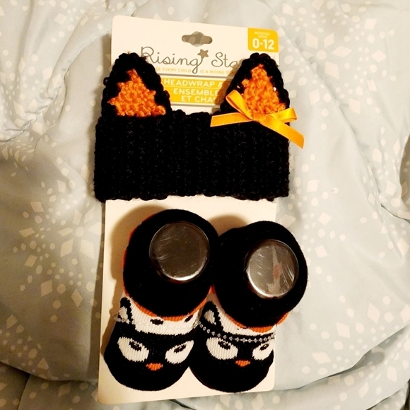 NWT Rising Star Black Cat Headwrap Sock Set Halloween Costume 0-12M Baby New - Picture 1 of 4